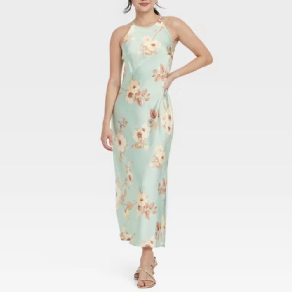 a New Day Mint Floral Satin Halter Maxi Slip Dress